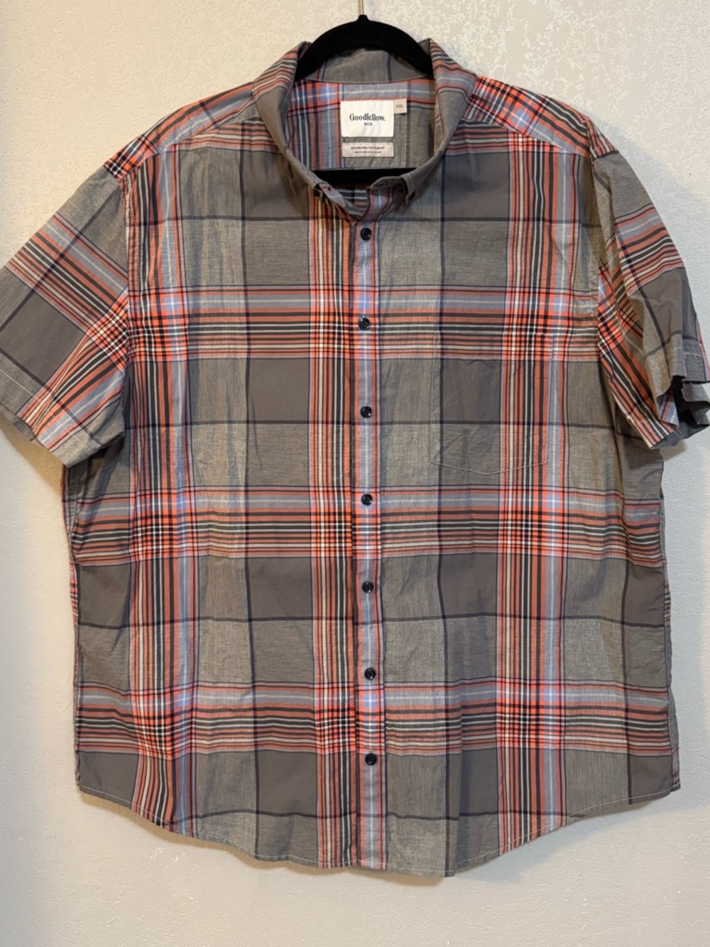 Goodfellow & Co Men’s Short-Sleeve Plaid Button-Up Shirt - Gray/Orange/Blue